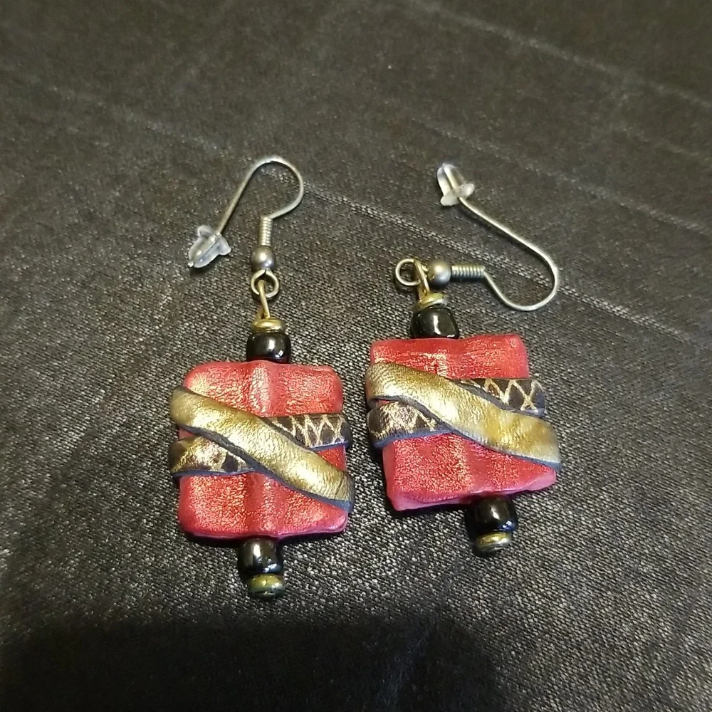 Vintage Red, Gold and Black Square Earrings